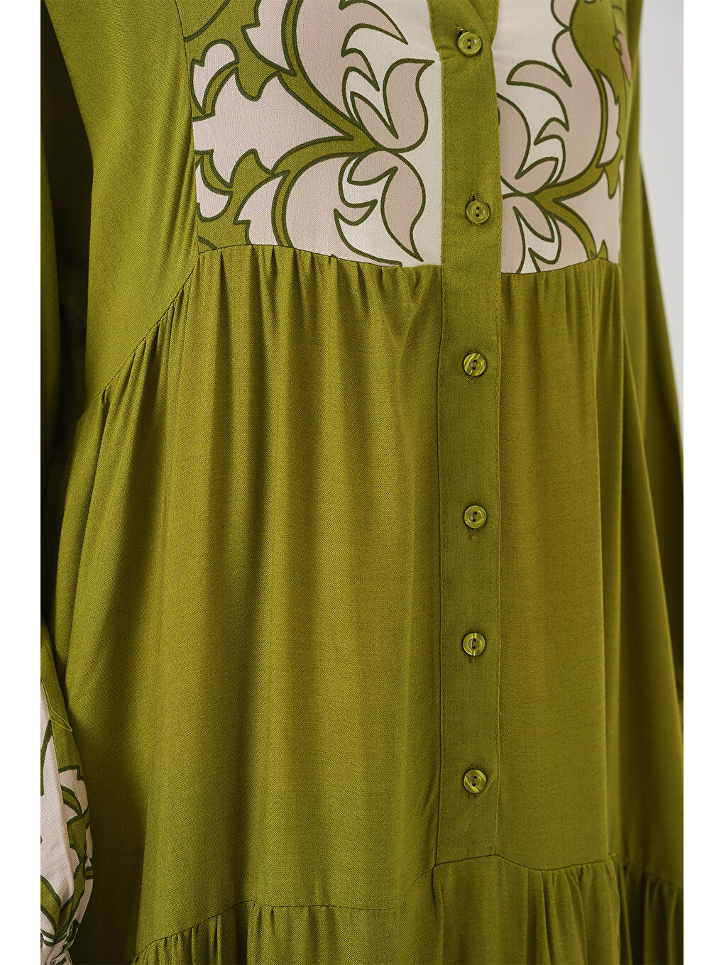 2423 Otantik Desenli Tesettür Elbise - Çağla Yeşili-5