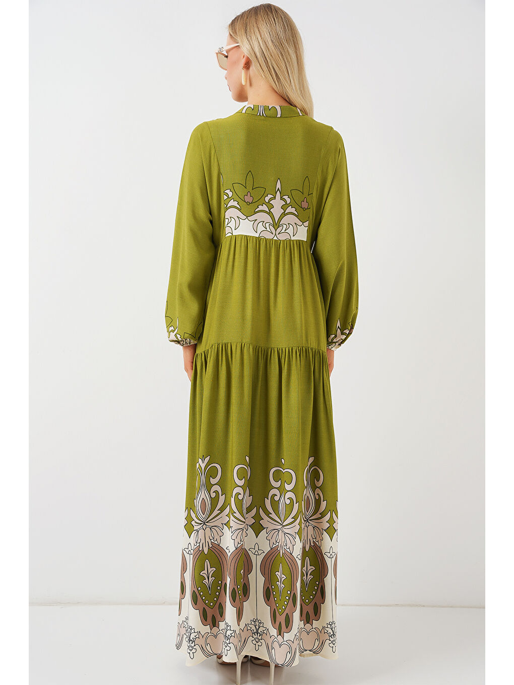 2423 Otantik Desenli Tesettür Elbise - Çağla Yeşili-6