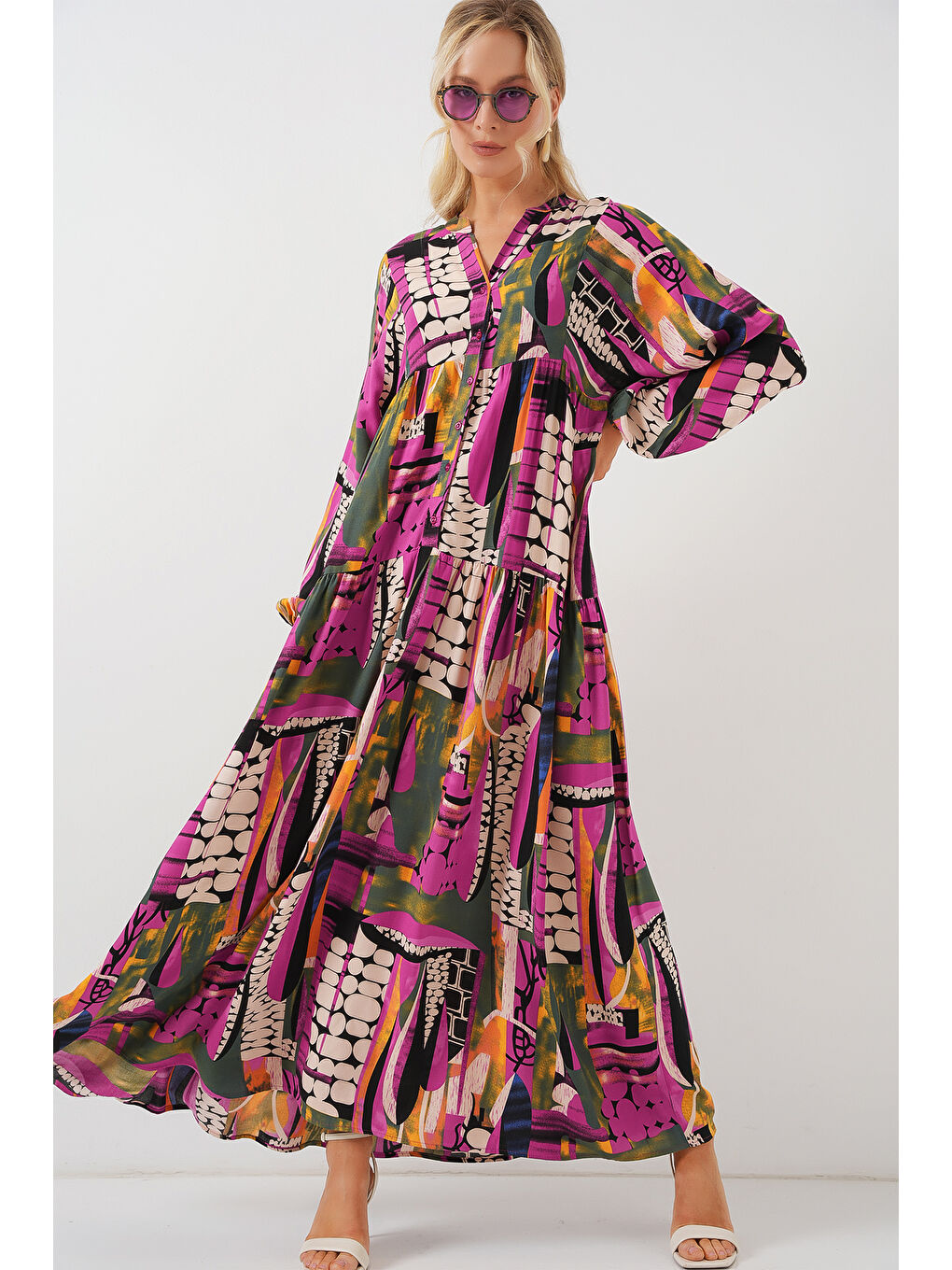 2423 Otantik Desenli Tesettür Elbise - H. Haki-2