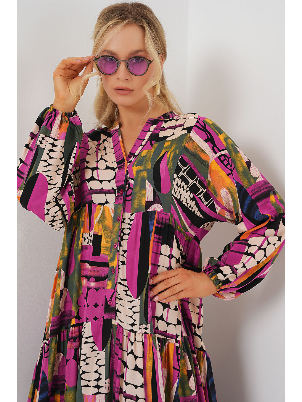 2423 Otantik Desenli Tesettür Elbise - H. Haki-3