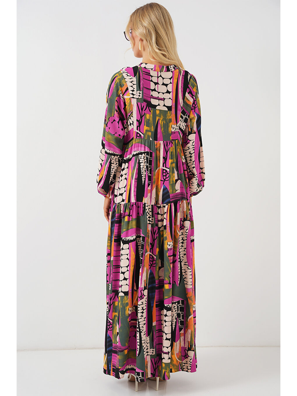 2423 Otantik Desenli Tesettür Elbise - H. Haki-5