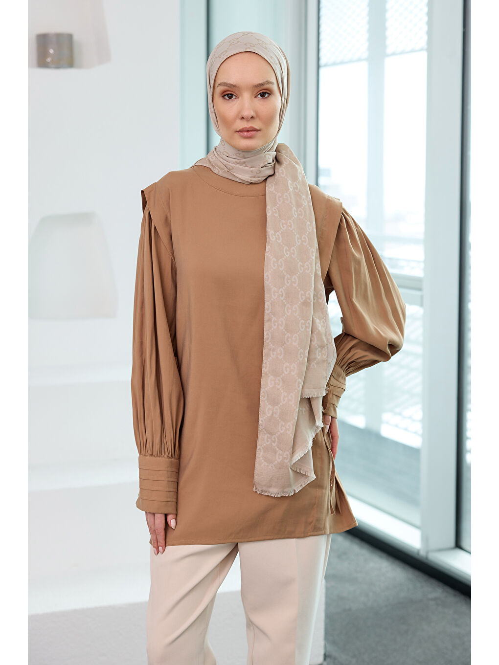 Bej Kadın Nevrur Detay Cupra Lyocell Tunik Vizon-1