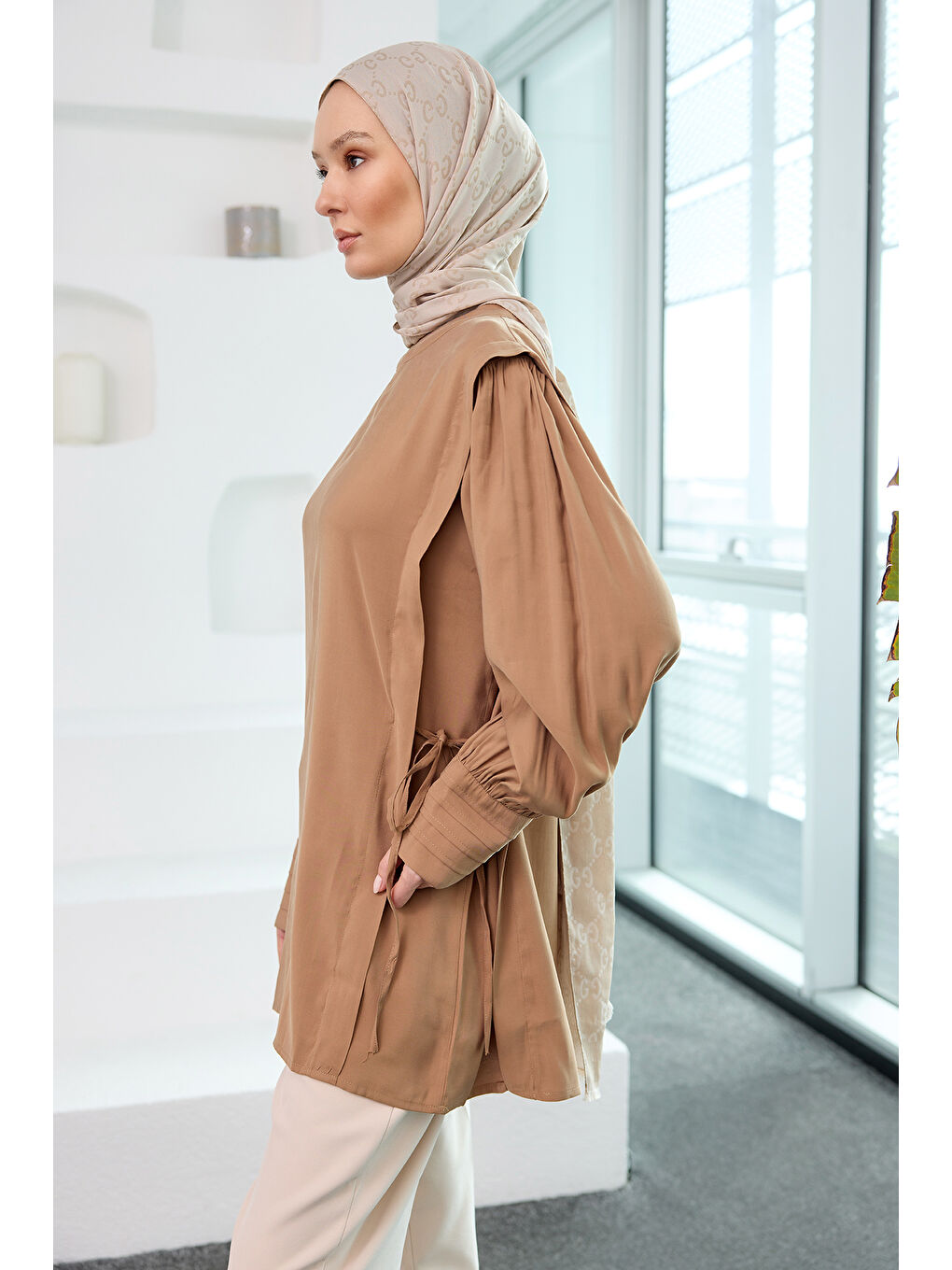 Bej Kadın Nevrur Detay Cupra Lyocell Tunik Vizon-3