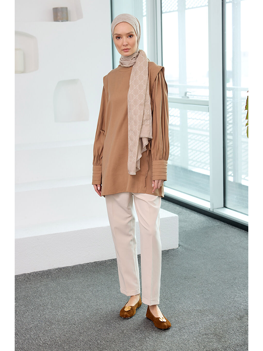 Bej Kadın Nevrur Detay Cupra Lyocell Tunik Vizon-4