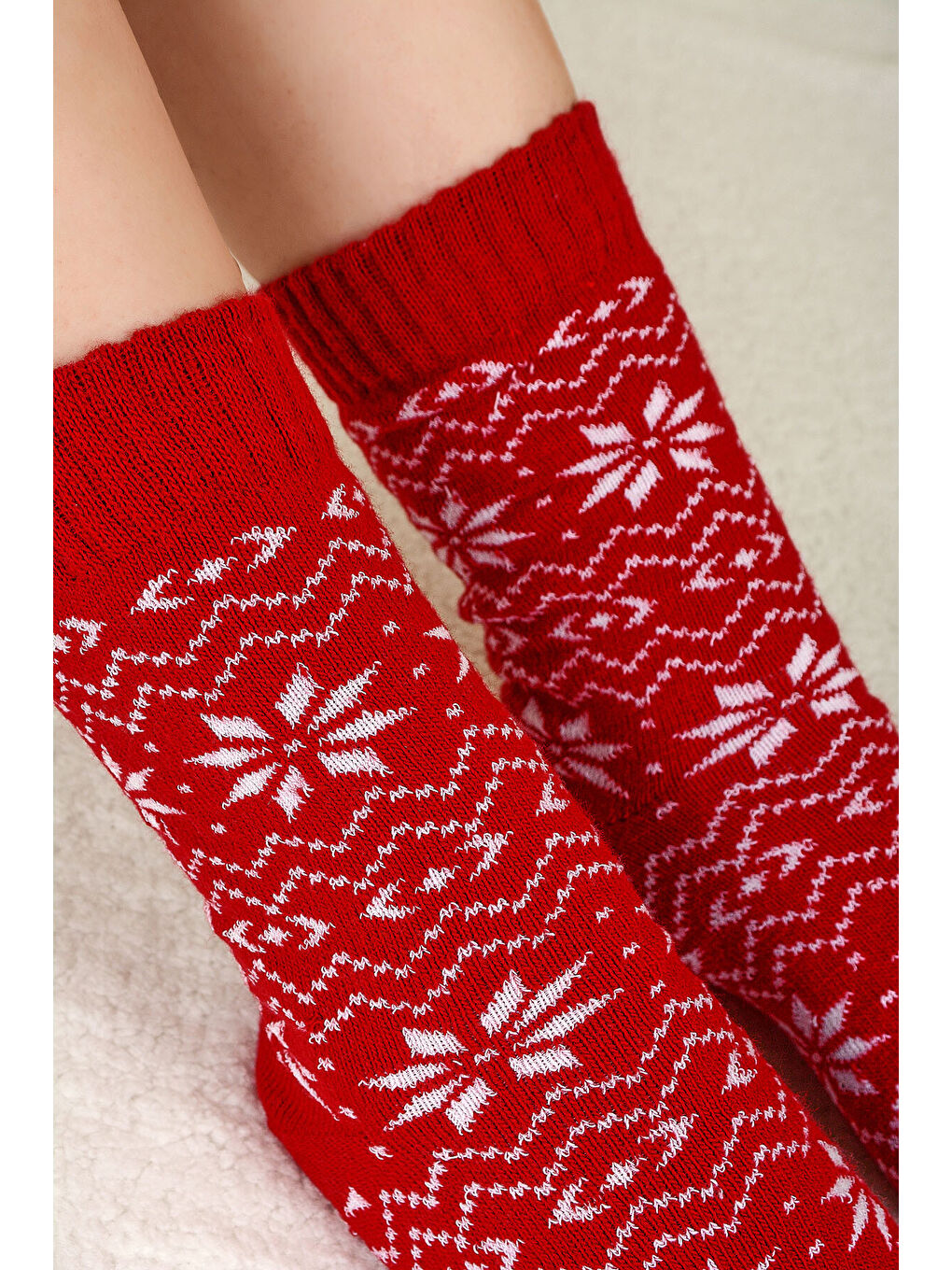 Kırmızı Winter Themed Soft Uzun Soket Çorap-1