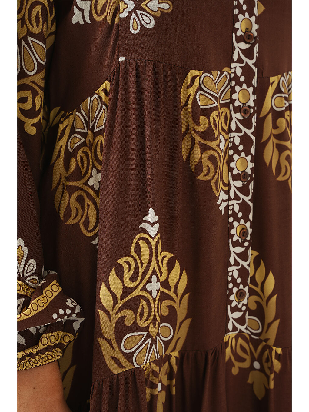 2423 Otantik Desenli Tesettür Elbise - Beyaz - Kahve-5