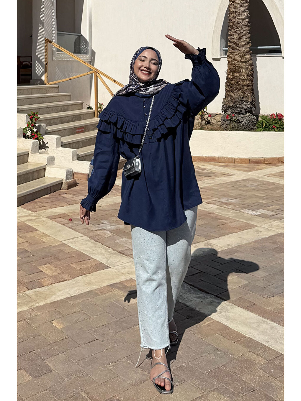 Kadın Robası Fırfırlı Cupra Lyocell Gömlek Lacivert-2