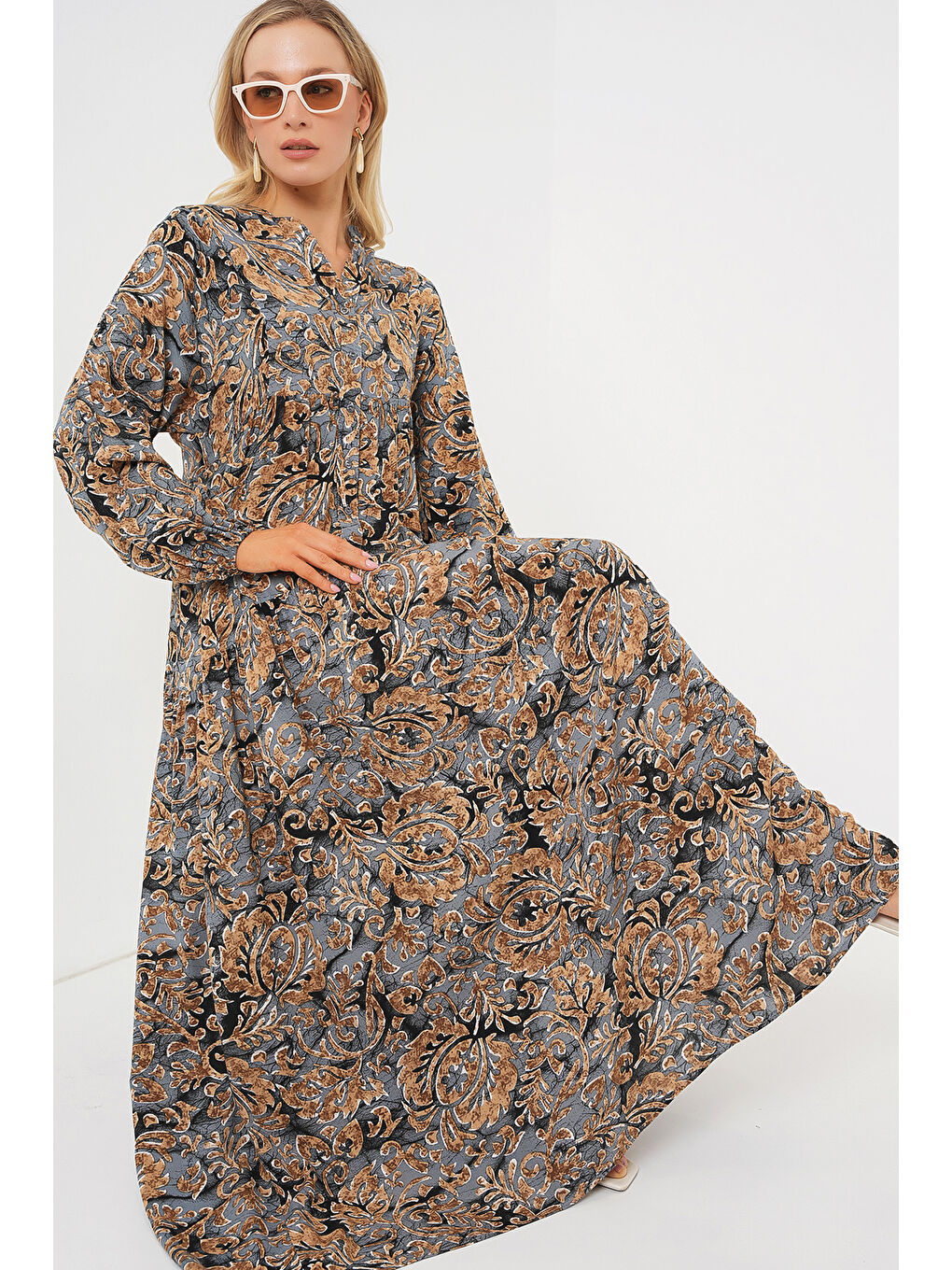 2423 Otantik Desenli Tesettür Elbise - A.Gri-1