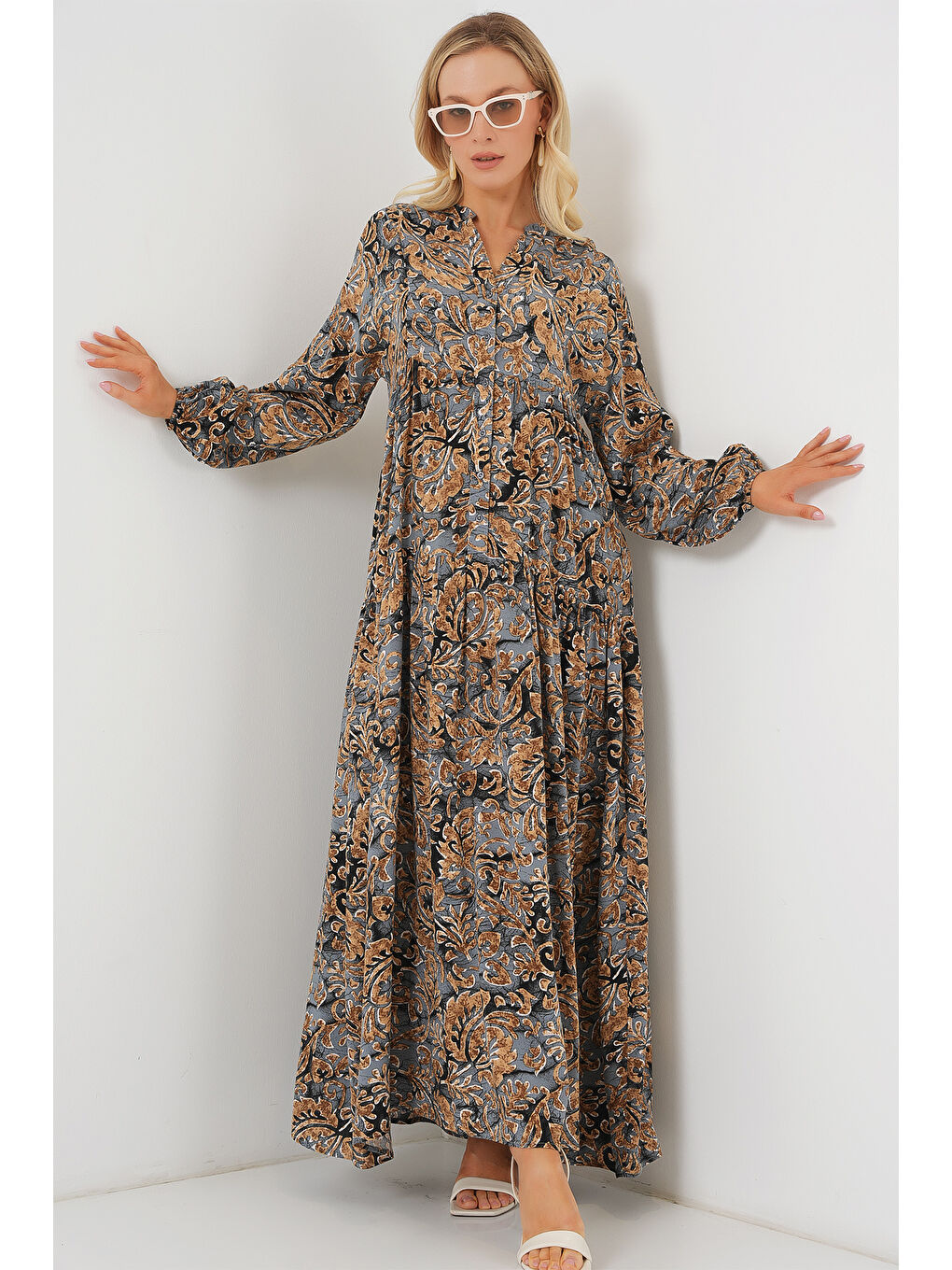 2423 Otantik Desenli Tesettür Elbise - A.Gri-2