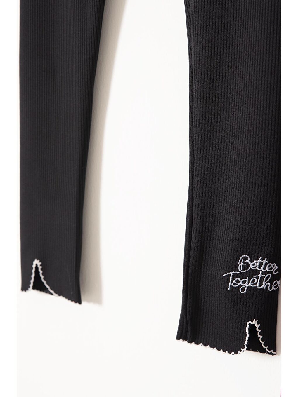 Kız Çocuk Yazı Nakışlı Fitilli Karşkorse 2'li Tayt Siyah-Gül Kurusu 18087-4