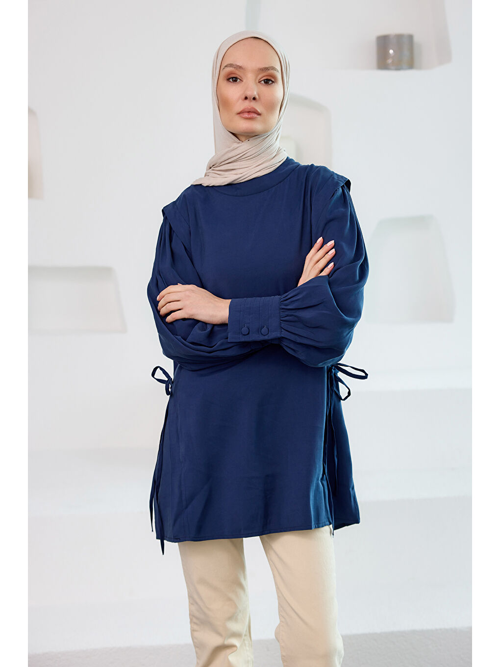 Locco Moda Kadın Nevrur Detay Cupra Lyocell Tunik Lacivert