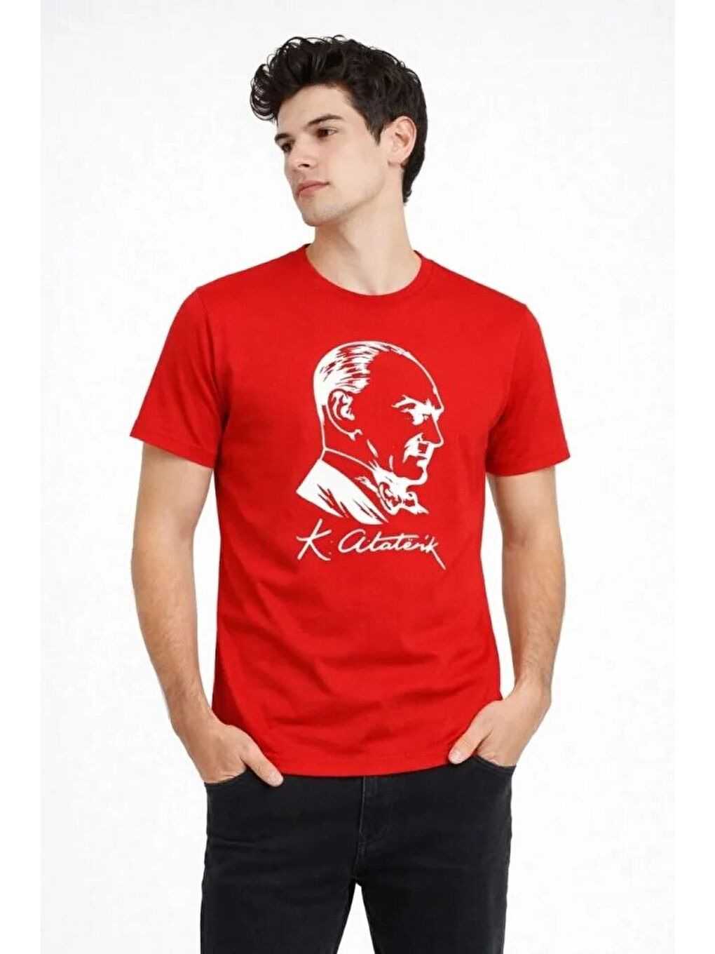 Erkek Atatürk Baskılı Tişört Kısa Kollu Bisiklet Yaka T-Shirt - Kırmızı-1