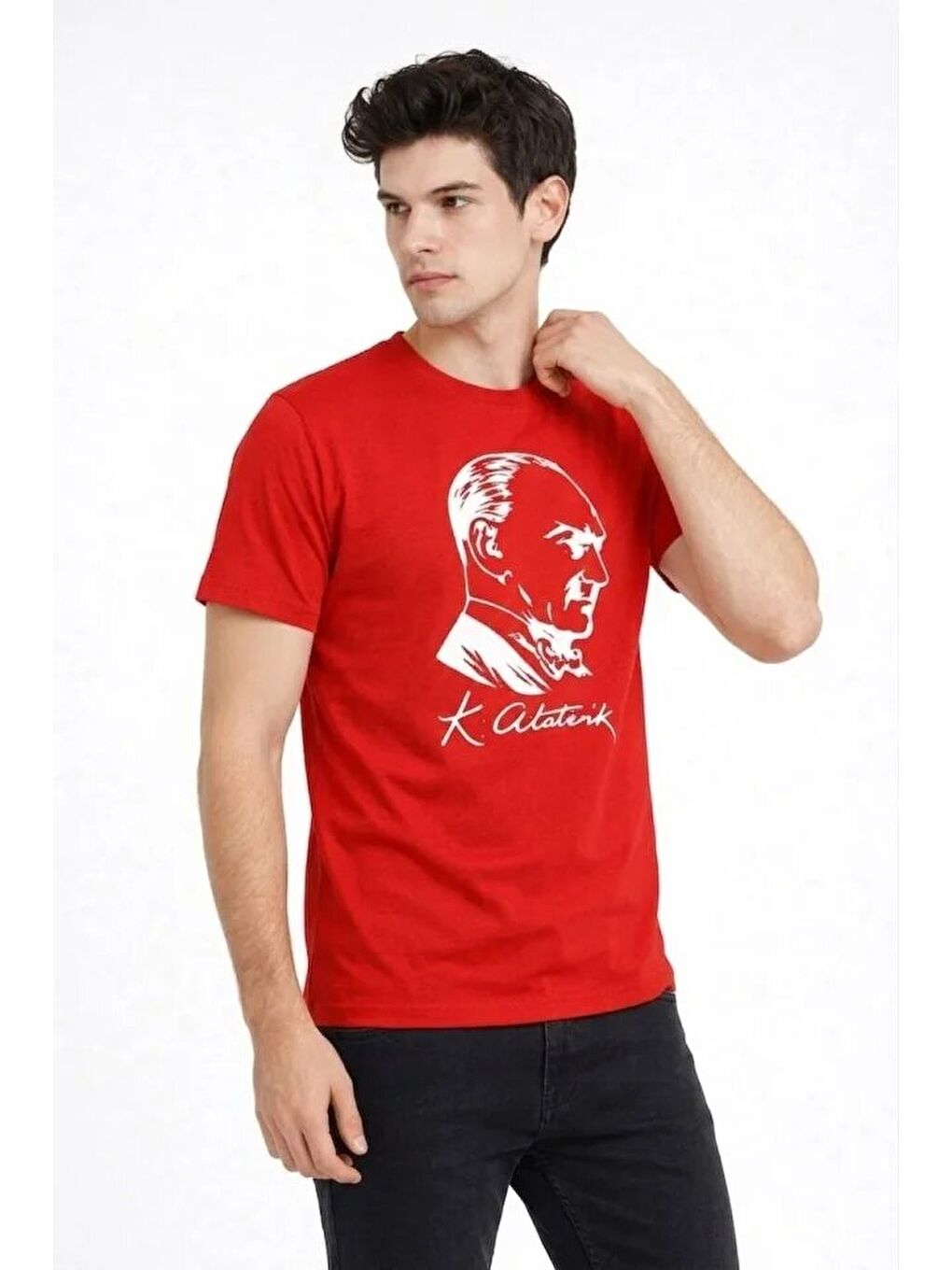Erkek Atatürk Baskılı Tişört Kısa Kollu Bisiklet Yaka T-Shirt - Kırmızı-2
