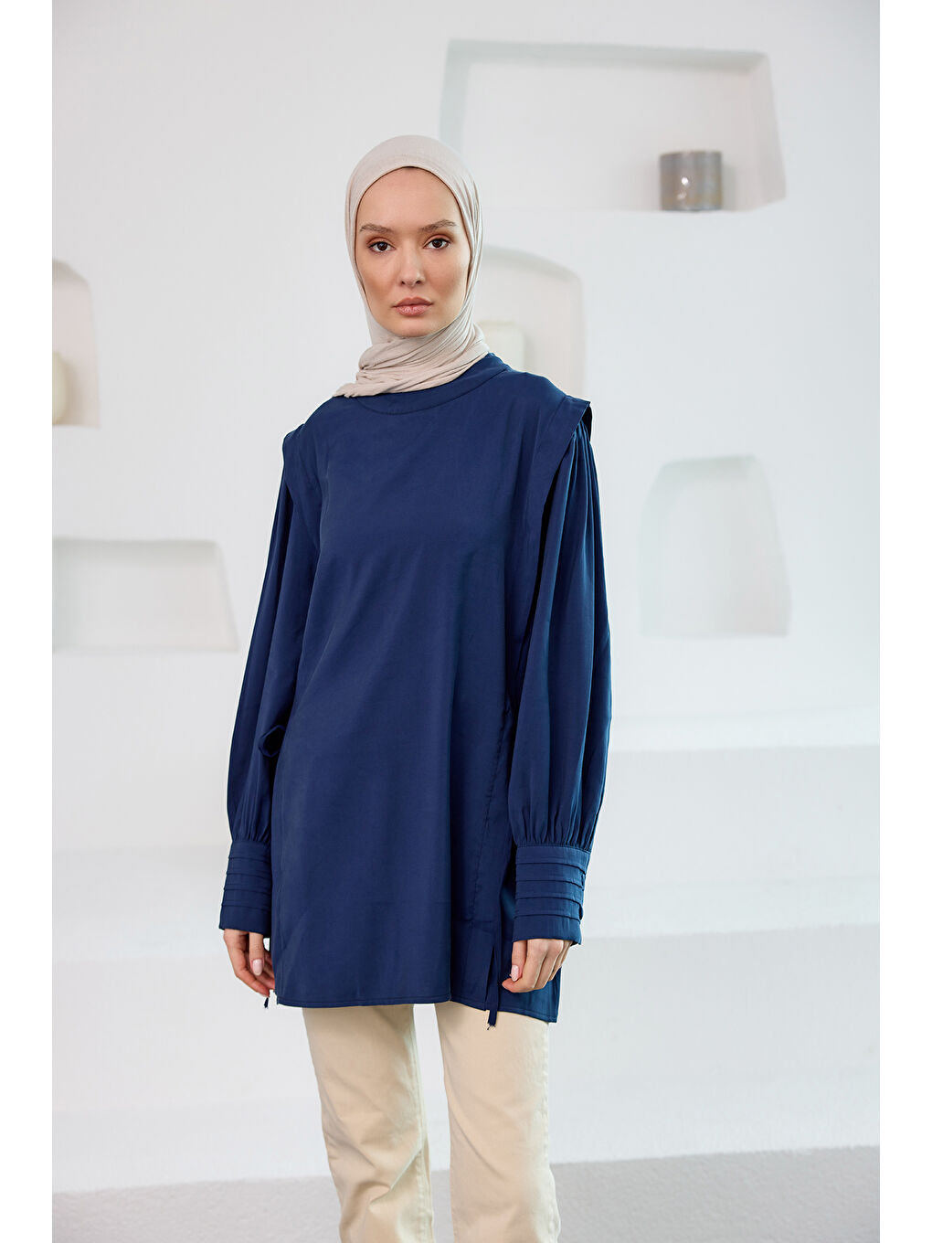 Locco Moda Kadın Nevrur Detay Cupra Lyocell Tunik Lacivert - 1