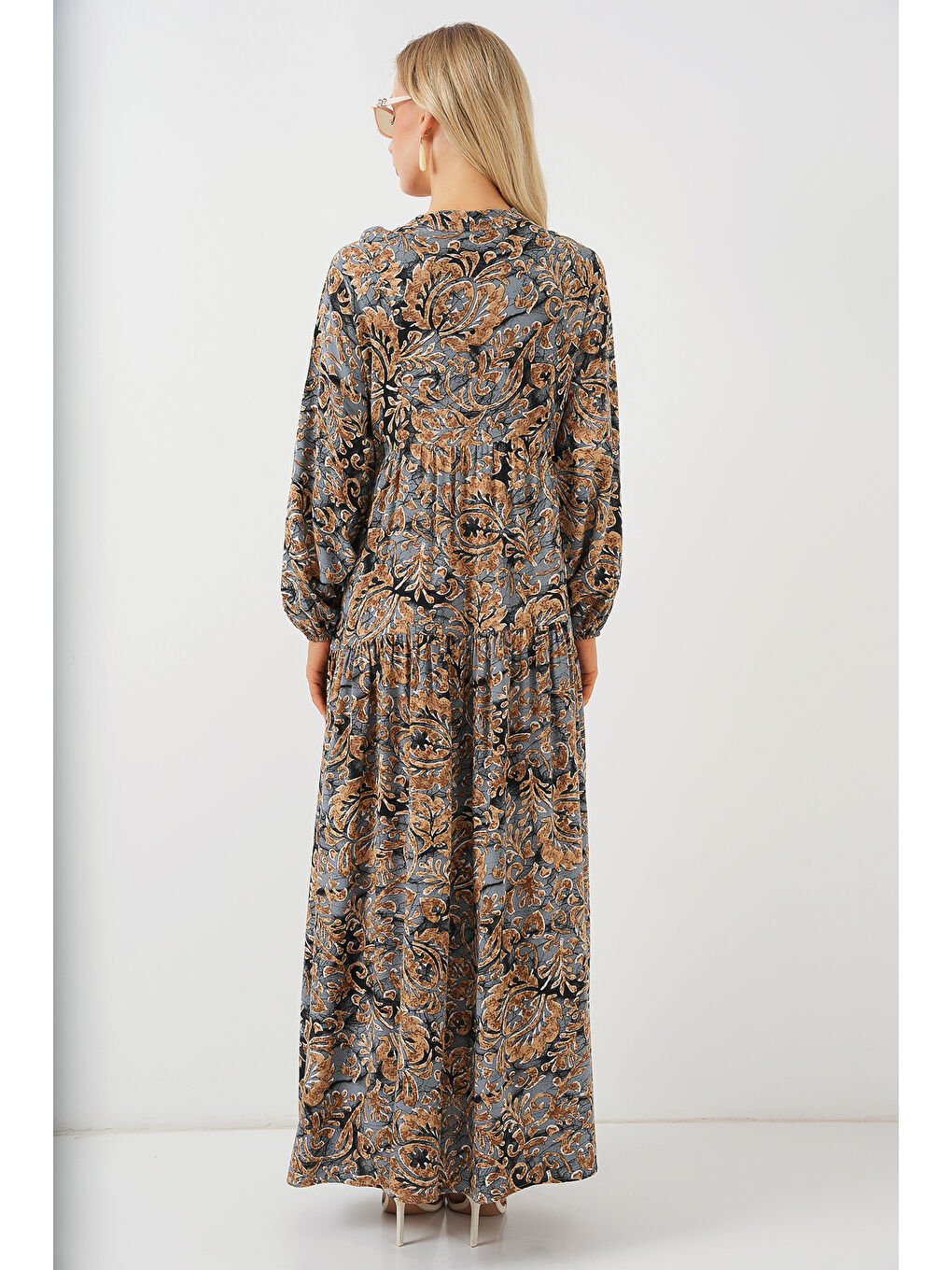 2423 Otantik Desenli Tesettür Elbise - A.Gri-5