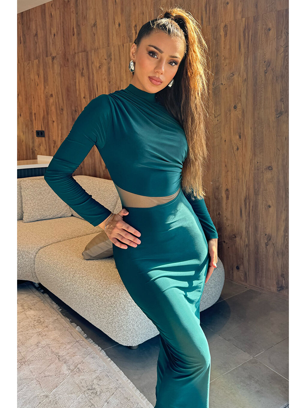 Yeşil Kadın Drapeli Bel Tül Detaylı Elastanlı Uzun Elbise-1