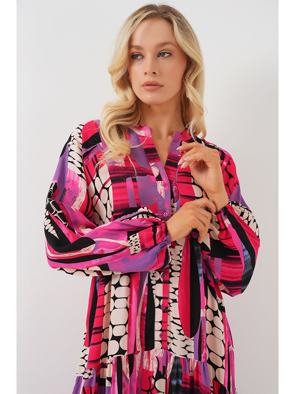 2423 Otantik Desenli Tesettür Elbise - Siyah - Mor-2