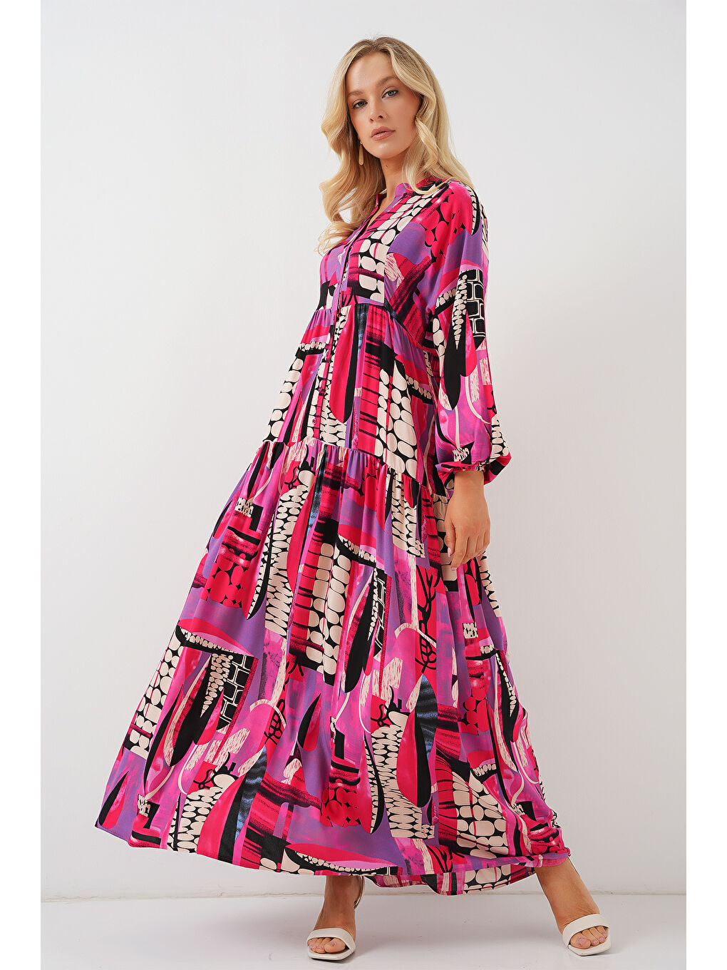 2423 Otantik Desenli Tesettür Elbise - Siyah - Mor-3