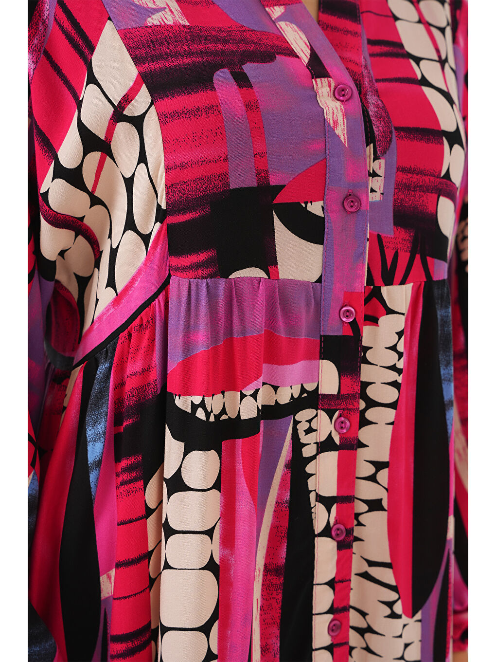 2423 Otantik Desenli Tesettür Elbise - Siyah - Mor-4