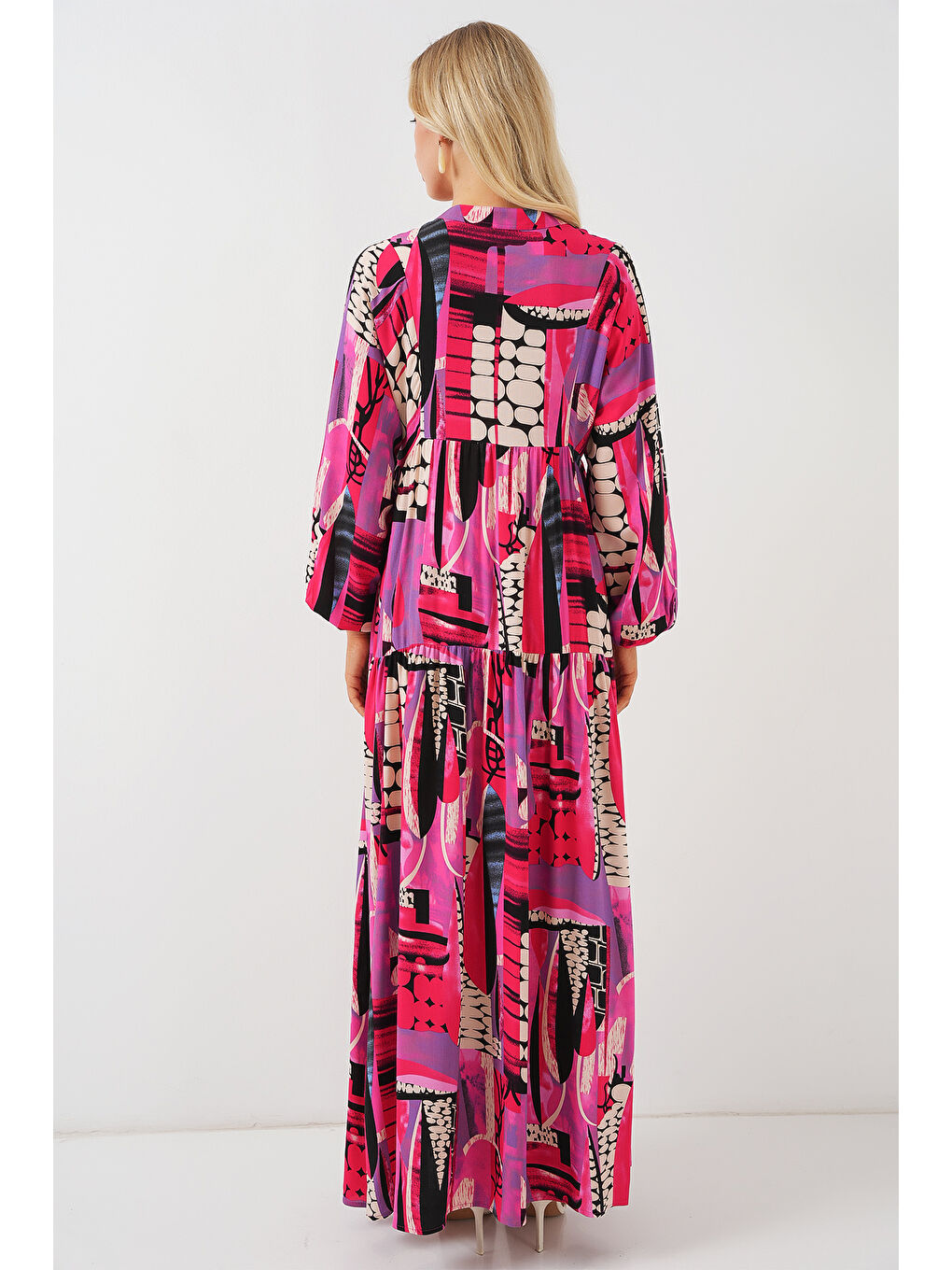 2423 Otantik Desenli Tesettür Elbise - Siyah - Mor-5