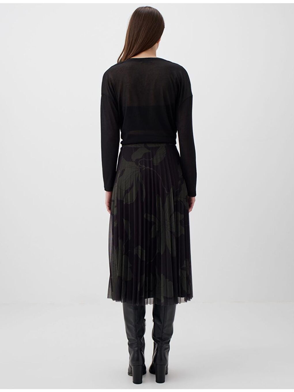 Siyah Çiçek Desenli Piliseli Mesh Midi Etek-3