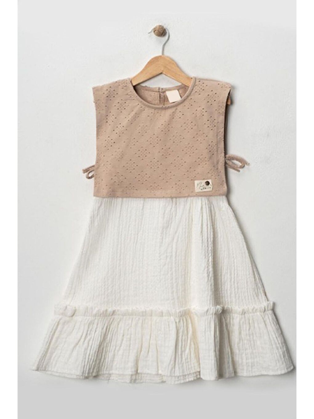 Bej Kız Çocuk %100 Pamuklu Müslin Kumaş Crop Bluz Detaylı Elbise