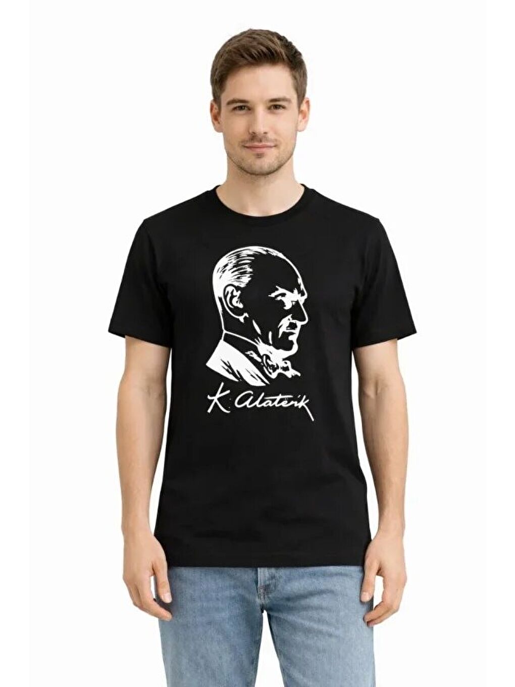 Erkek Atatürk Baskılı Tişört Kısa Kollu Bisiklet Yaka T-Shirt - Siyah