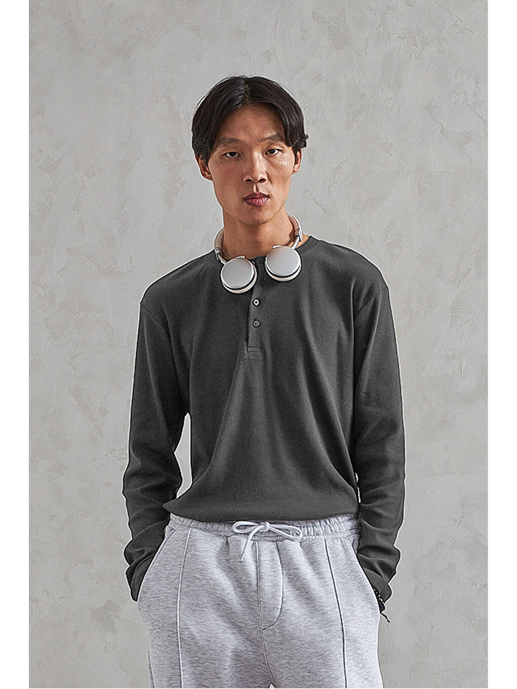 Gri Erkek Henley Yaka Düğmeli Penye Bluz