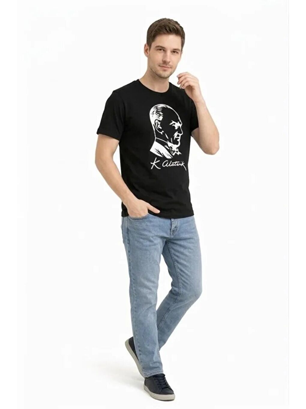 Erkek Atatürk Baskılı Tişört Kısa Kollu Bisiklet Yaka T-Shirt - Siyah-1