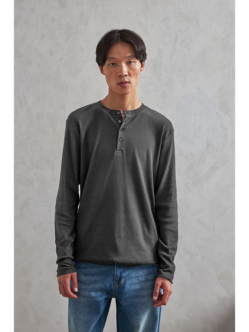 Gri Erkek Henley Yaka Düğmeli Penye Bluz-1
