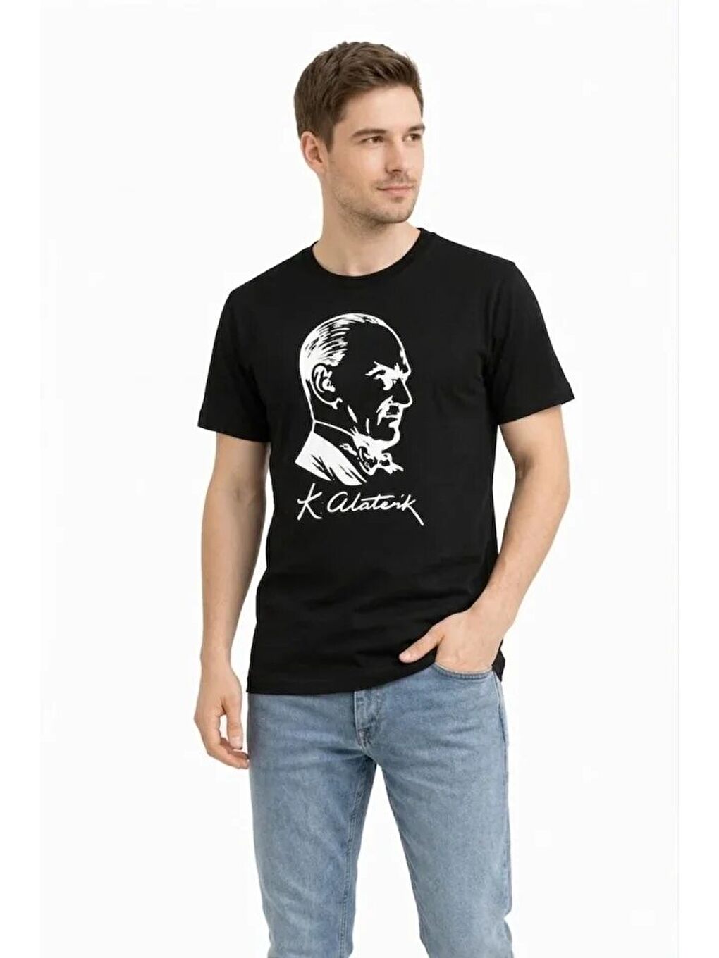 Erkek Atatürk Baskılı Tişört Kısa Kollu Bisiklet Yaka T-Shirt - Siyah-2