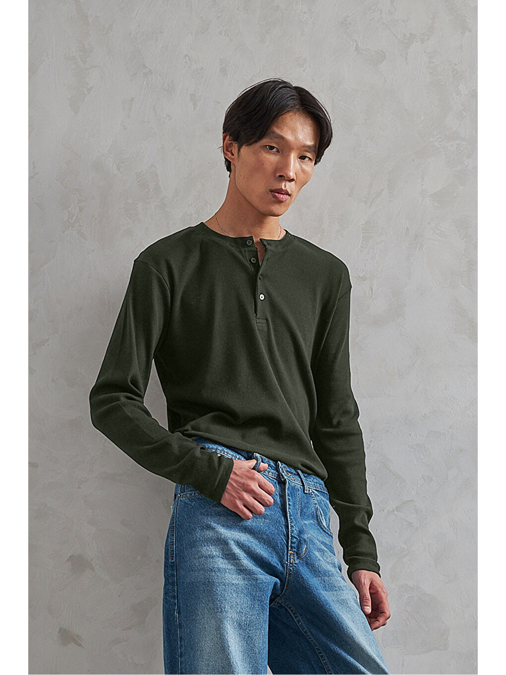 Haki Erkek Henley Yaka Düğmeli Penye Bluz