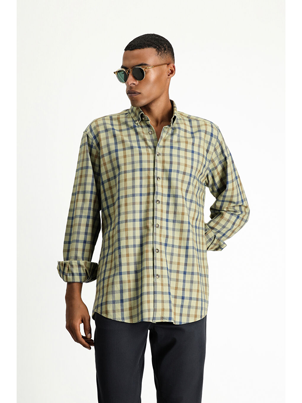 Haki Uzun Kol Regular Fit Ekose Spor Pamuk Düğmeli Yaka %100 Pamuk Gömlek-1