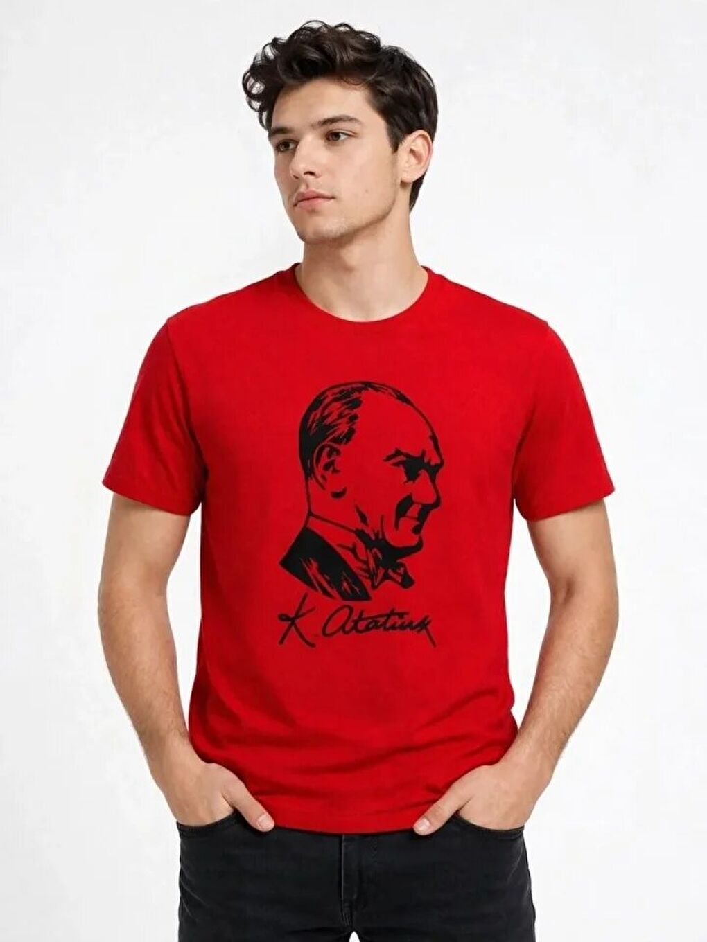 Erkek Atatürk Baskılı Tişört Kısa Kollu Bisiklet Yaka T-Shirt - Kırmızı-1