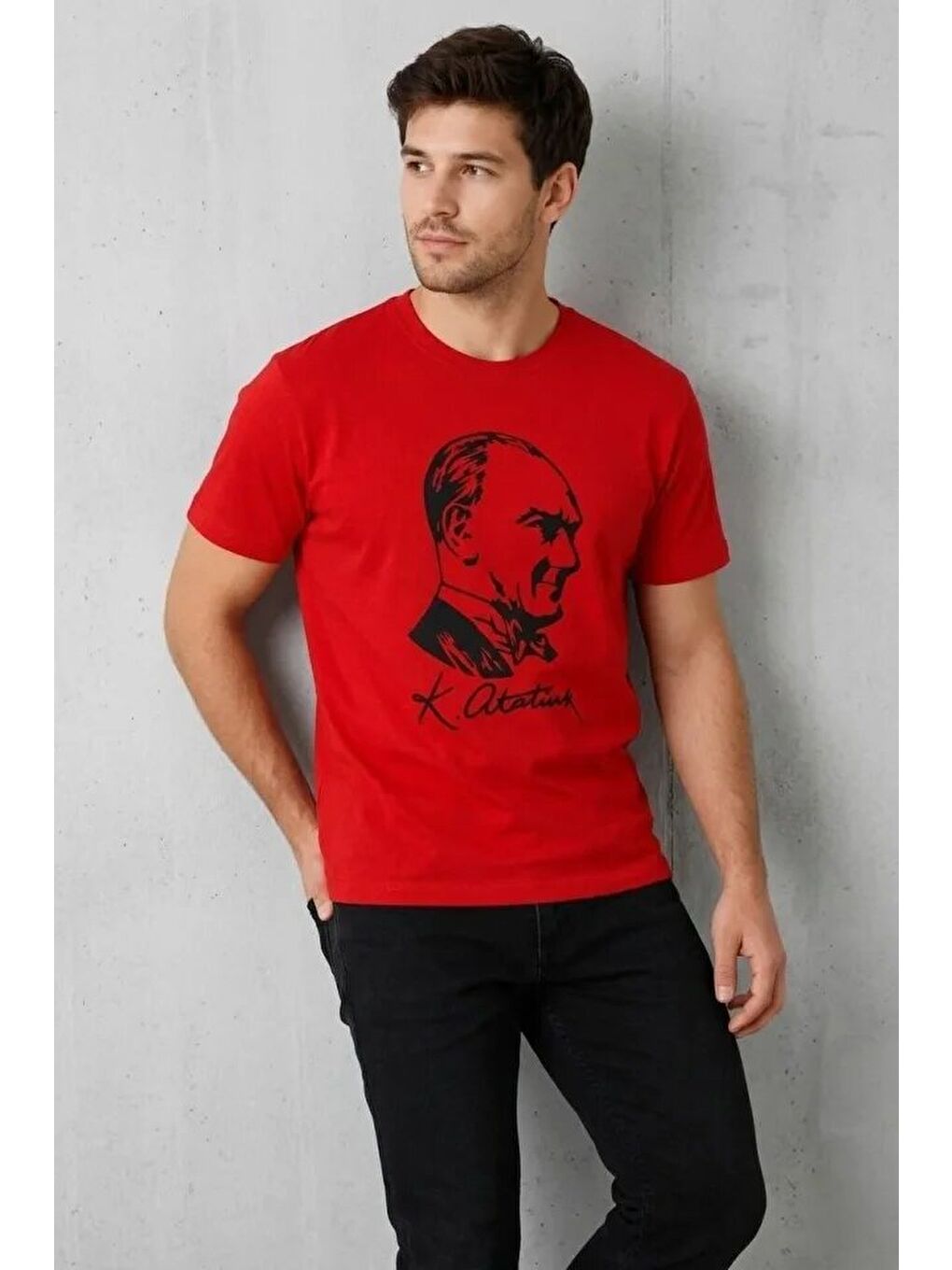 Erkek Atatürk Baskılı Tişört Kısa Kollu Bisiklet Yaka T-Shirt - Kırmızı-2