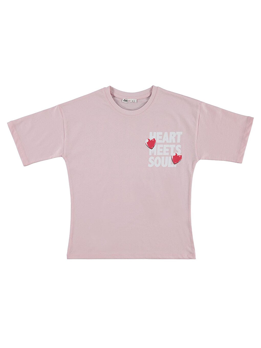 Pembe Girls Heart Baskılı 10-13 Yaş Tişört - Pudra