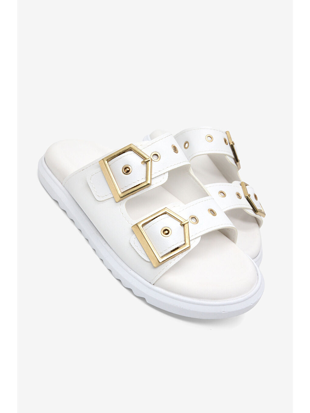 Kadın Beyaz Rahat Kalıp Çift Bantlı Toka Detaylı Terlik-1