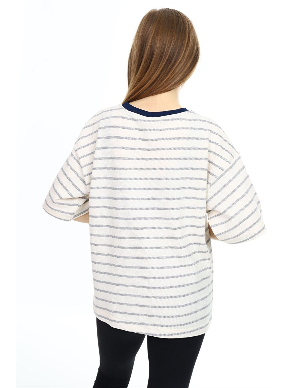 Lacivert Çizgili Bisiklet Yaka Kız Çocuk Kısa Kol T-shirt 18381-3