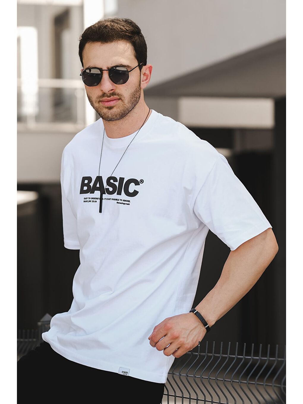 Beyaz Basic Kabartma Baskılı Pamuklu Bisiklet Yaka  Erkek Tişört-2