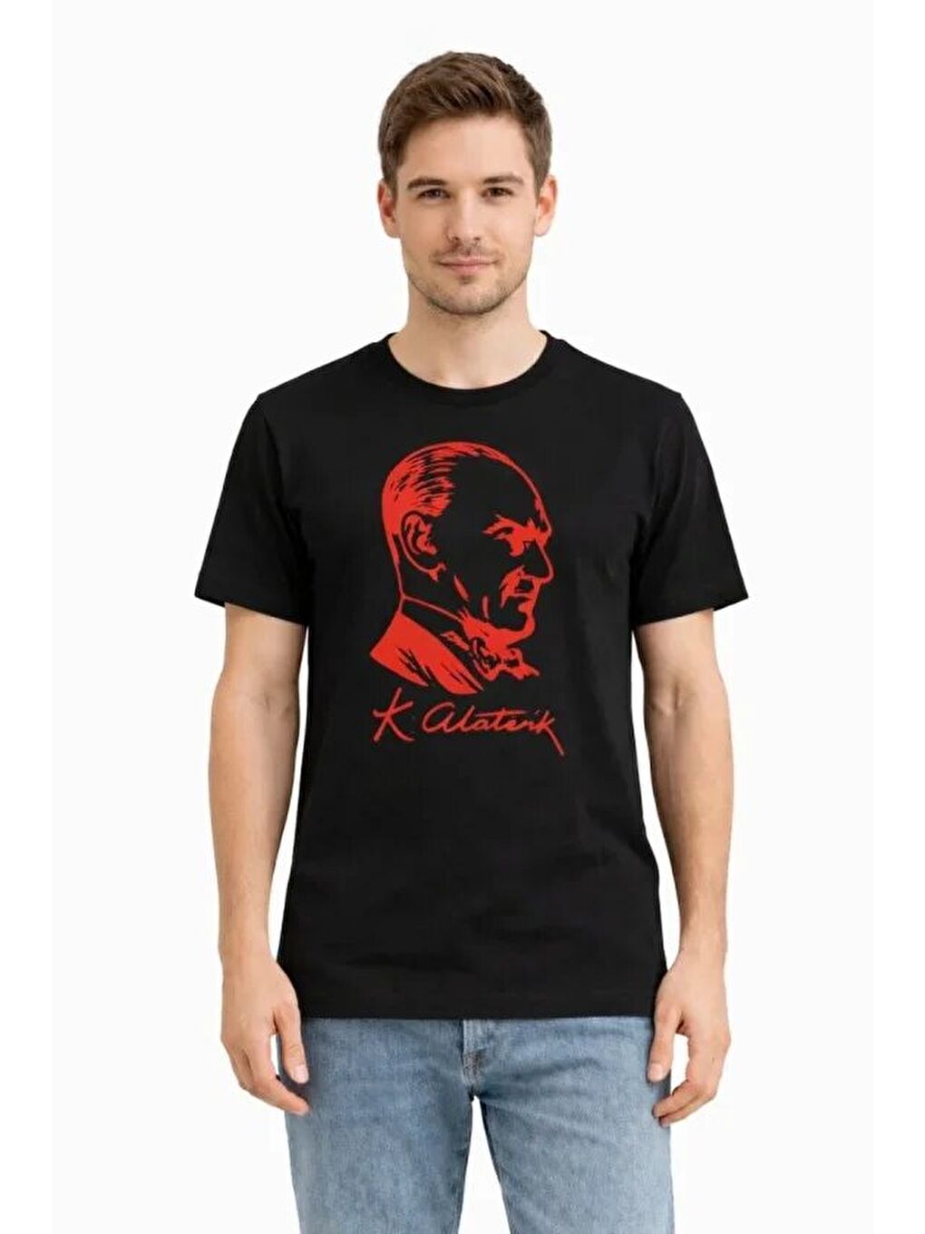 Erkek Atatürk Baskılı Tişört Kısa Kollu Bisiklet Yaka T-Shirt - Siyah