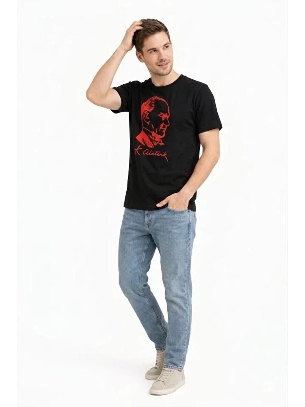 Erkek Atatürk Baskılı Tişört Kısa Kollu Bisiklet Yaka T-Shirt - Siyah-1