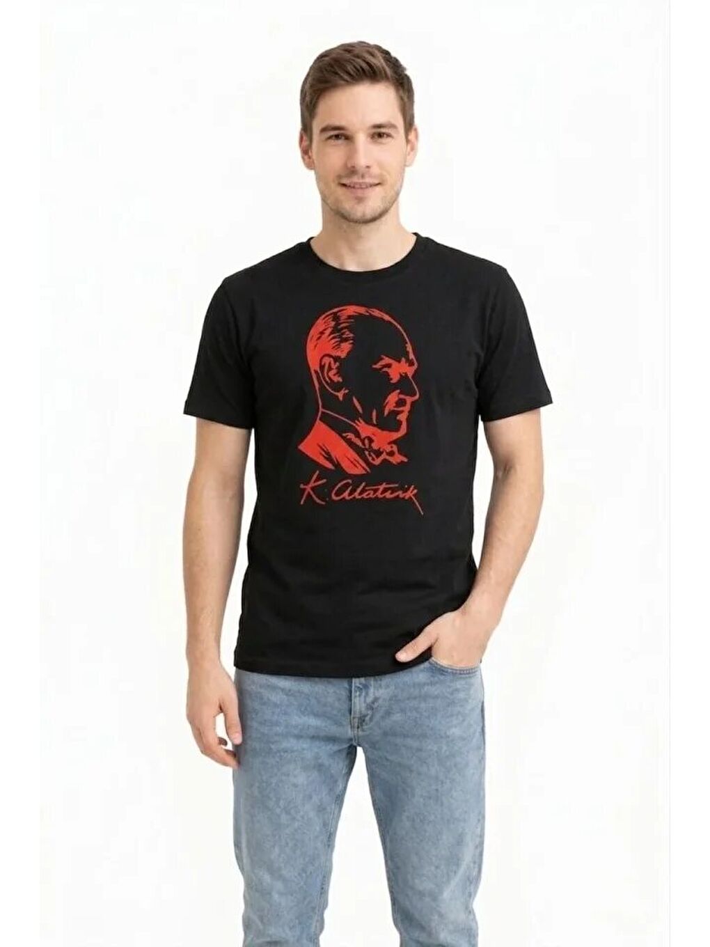 Erkek Atatürk Baskılı Tişört Kısa Kollu Bisiklet Yaka T-Shirt - Siyah-2