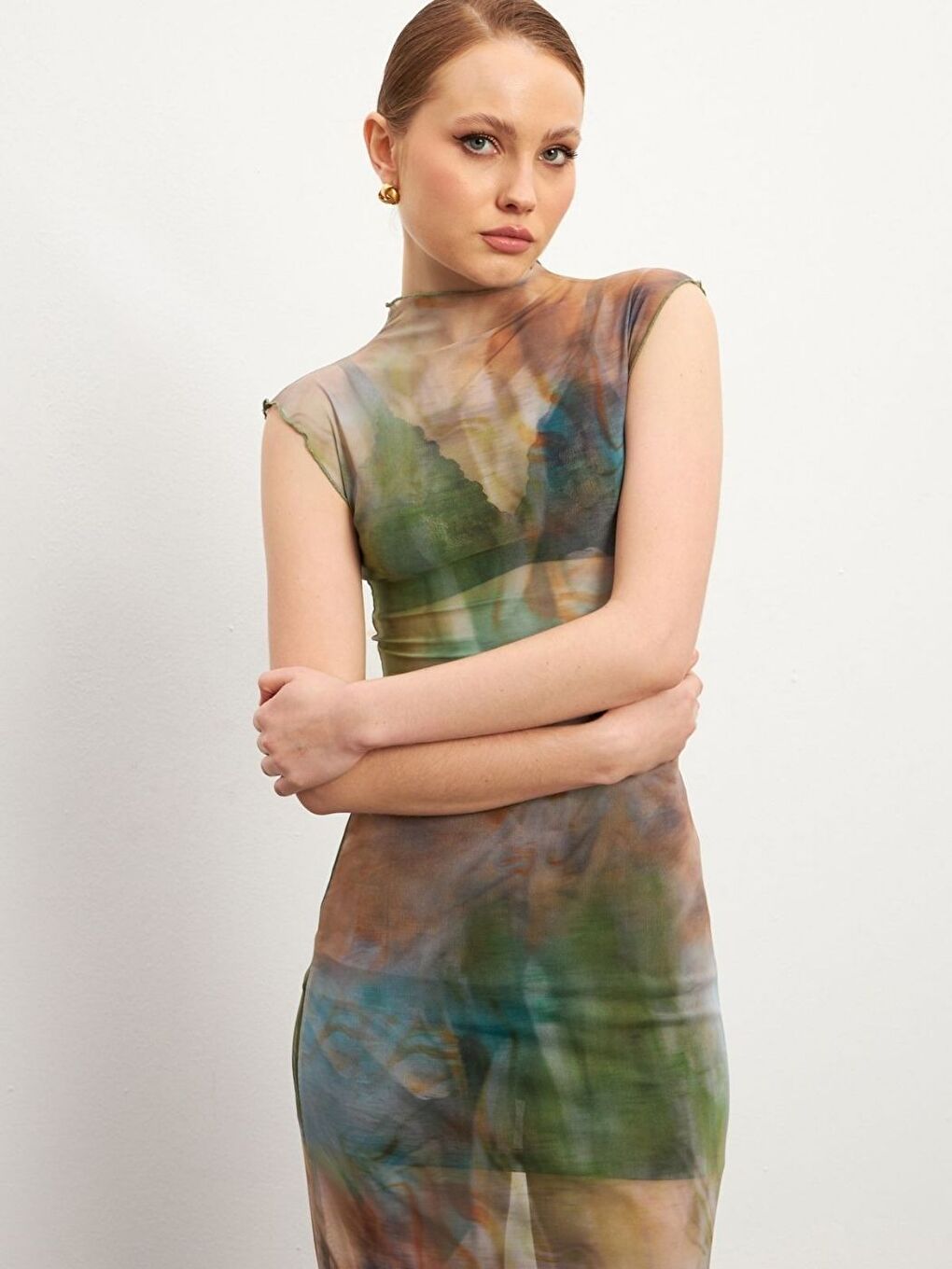 Karışık Kadın Yuvarlak Yaka Çok Renkli Boya Desenli Alt Üst Etekli Takım-2