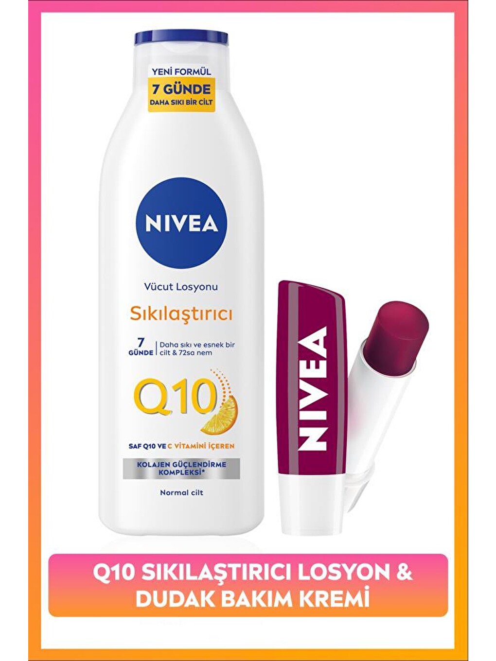 Q10 Sıkılaştırıcı C Vitamini Vücut Losyonu 250ml ve Nemlendirici Böğürtlen Dudak Bakım Kremi