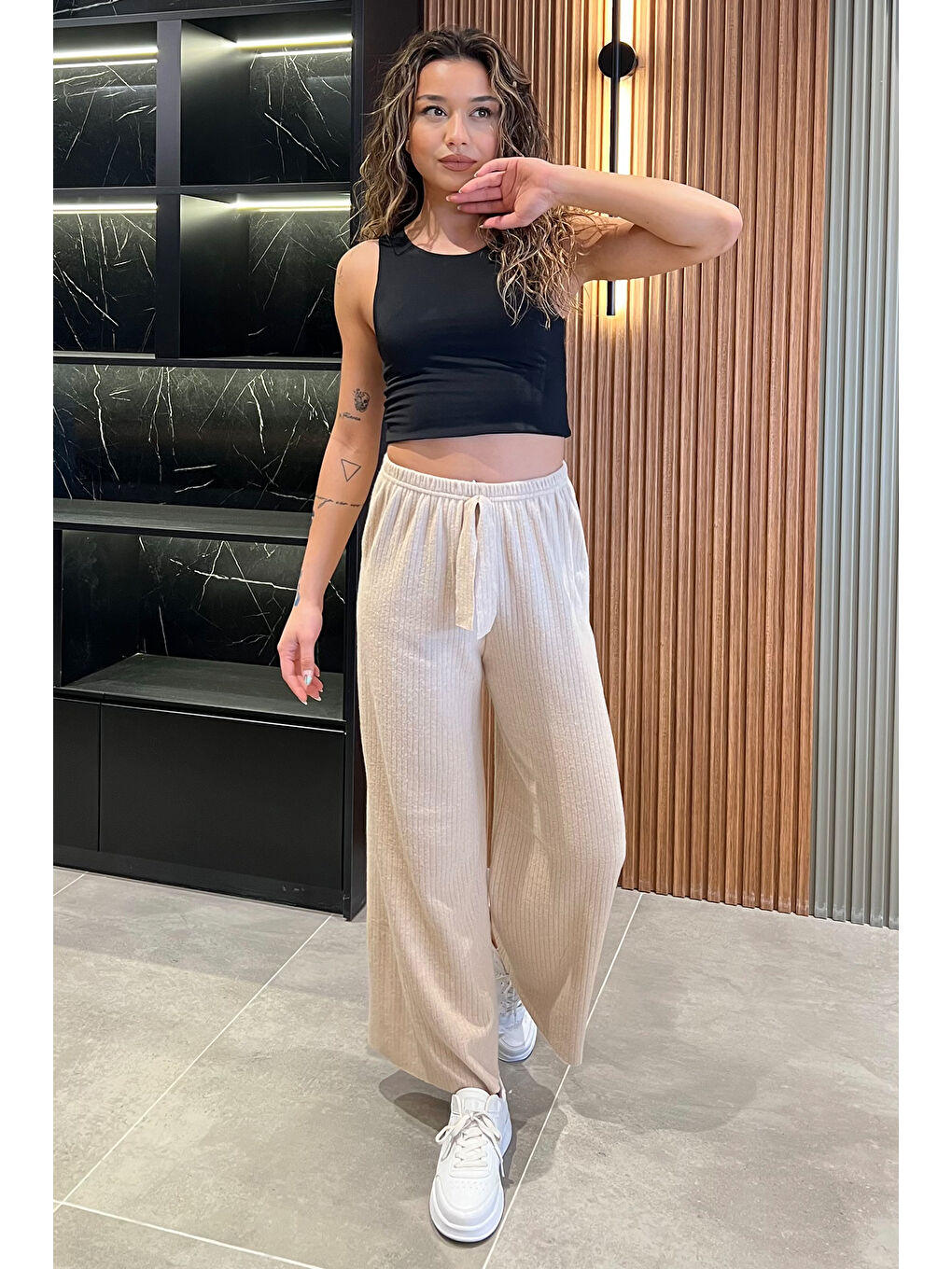 Bej Fitilli Bol Paça Pantolon-1