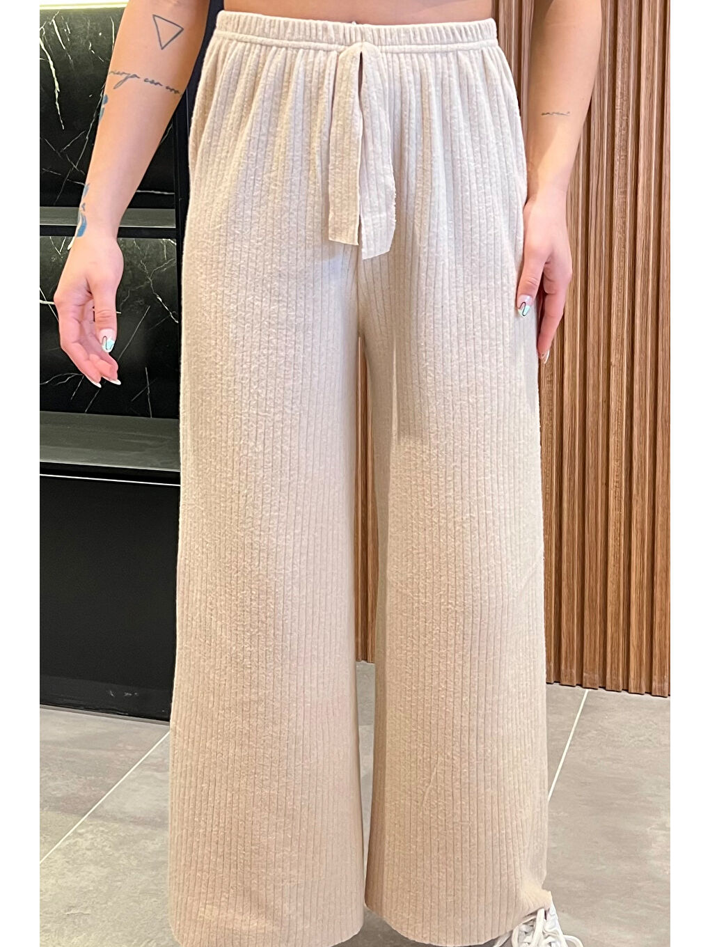 Bej Fitilli Bol Paça Pantolon-2