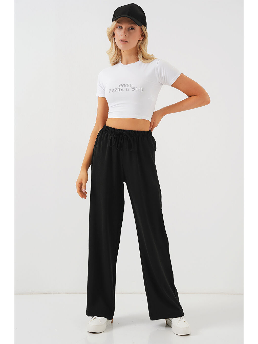 Kadın Yüksek Bel Bol Paça Pantolon - Siyah-2