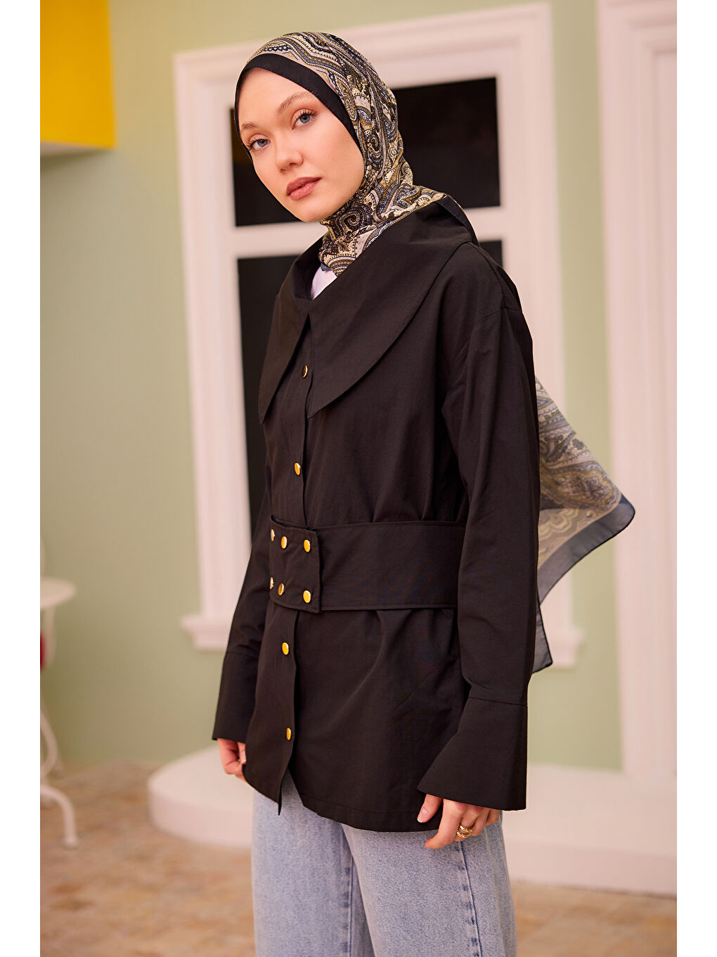 Kadın Gold Düğme Ve Kemer Detaylı Gömlek Siyah-1