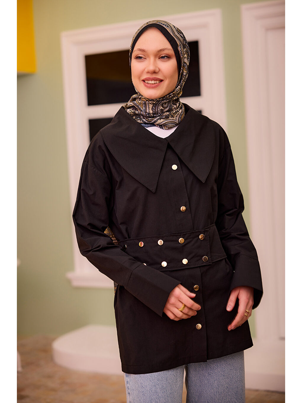 Kadın Gold Düğme Ve Kemer Detaylı Gömlek Siyah-3