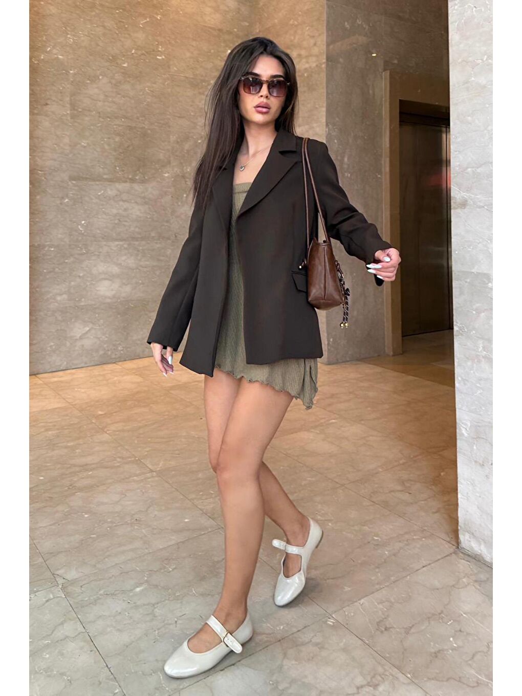 Kahverengi Astarlı Kadın Blazer Ceket Mg2508-3